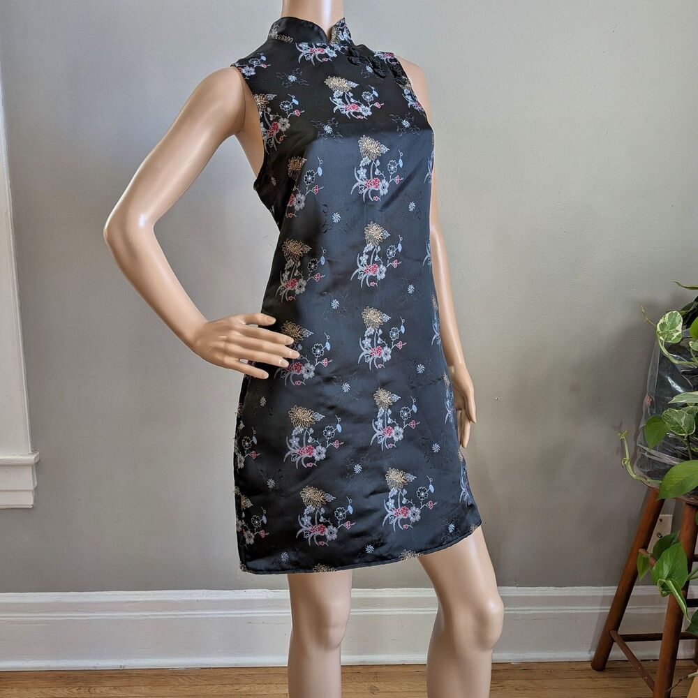 Vintage 90s Knapp Studio Mini Dress Qipao Cheongsam Mandarin Collar Embroidered